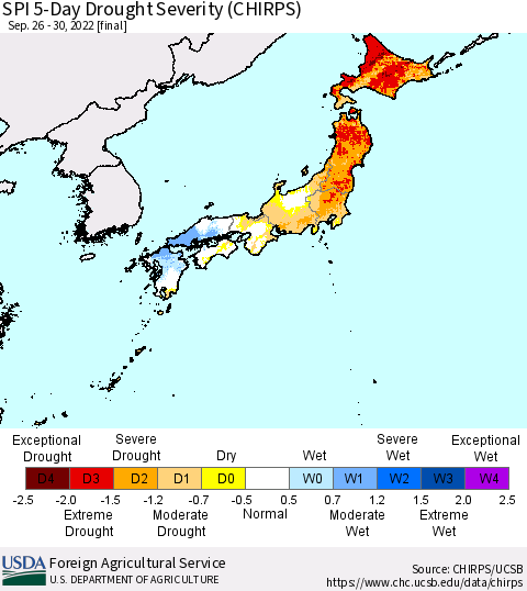 Japan SPI 5-Day Drought Severity (CHIRPS) Thematic Map For 9/26/2022 - 9/30/2022