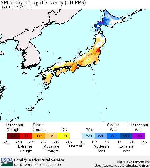 Japan SPI 5-Day Drought Severity (CHIRPS) Thematic Map For 10/1/2022 - 10/5/2022