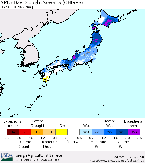 Japan SPI 5-Day Drought Severity (CHIRPS) Thematic Map For 10/6/2022 - 10/10/2022