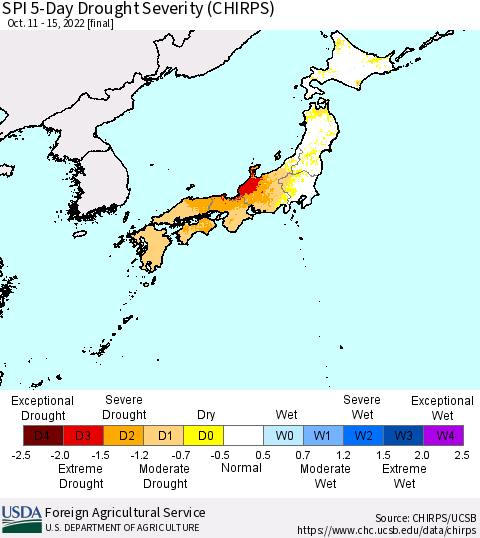 Japan SPI 5-Day Drought Severity (CHIRPS) Thematic Map For 10/11/2022 - 10/15/2022