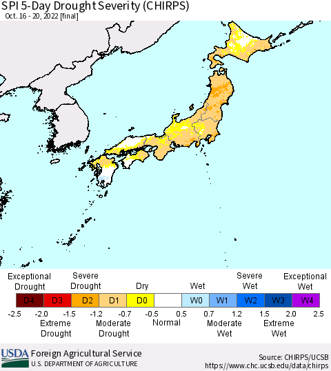 Japan SPI 5-Day Drought Severity (CHIRPS) Thematic Map For 10/16/2022 - 10/20/2022