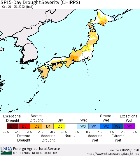 Japan SPI 5-Day Drought Severity (CHIRPS) Thematic Map For 10/21/2022 - 10/25/2022