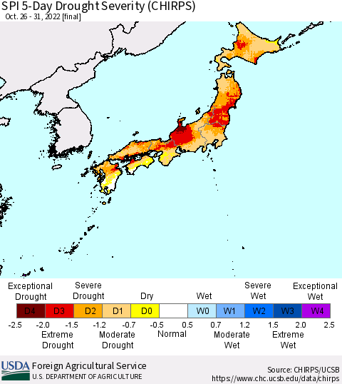 Japan SPI 5-Day Drought Severity (CHIRPS) Thematic Map For 10/26/2022 - 10/31/2022