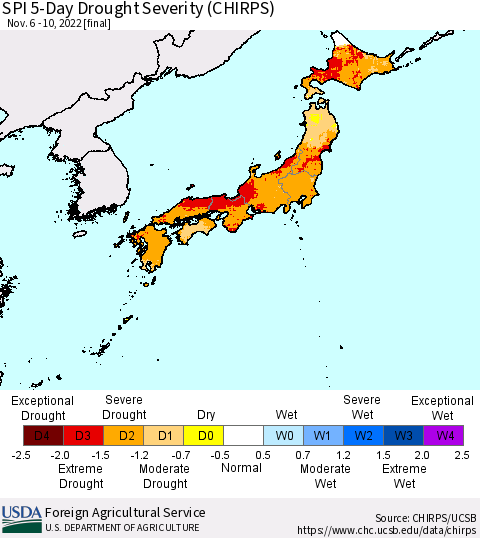 Japan SPI 5-Day Drought Severity (CHIRPS) Thematic Map For 11/6/2022 - 11/10/2022