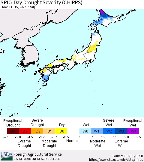 Japan SPI 5-Day Drought Severity (CHIRPS) Thematic Map For 11/11/2022 - 11/15/2022