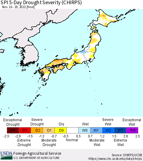 Japan SPI 5-Day Drought Severity (CHIRPS) Thematic Map For 11/16/2022 - 11/20/2022