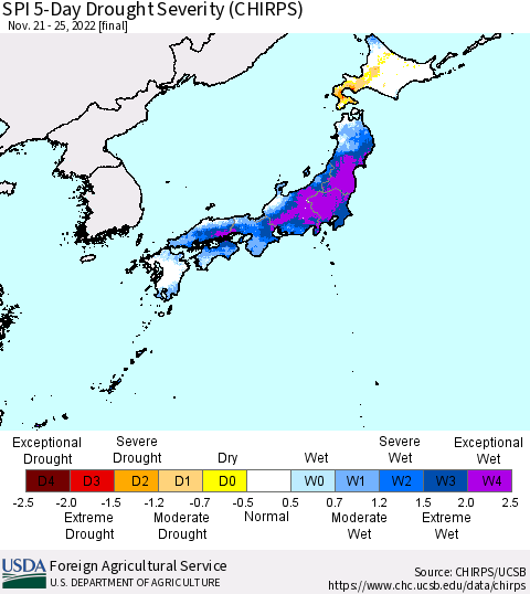 Japan SPI 5-Day Drought Severity (CHIRPS) Thematic Map For 11/21/2022 - 11/25/2022