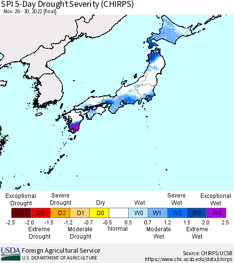 Japan SPI 5-Day Drought Severity (CHIRPS) Thematic Map For 11/26/2022 - 11/30/2022