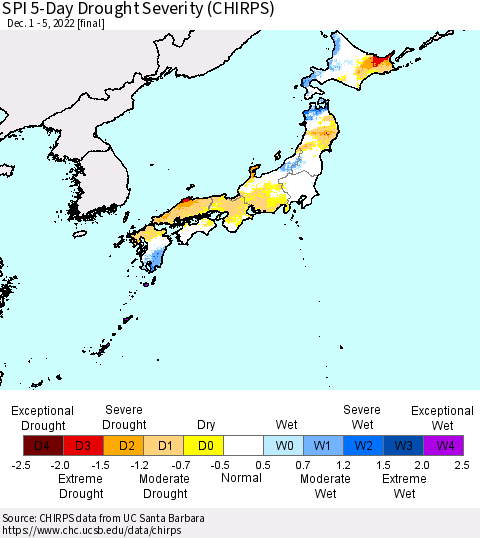 Japan SPI 5-Day Drought Severity (CHIRPS) Thematic Map For 12/1/2022 - 12/5/2022