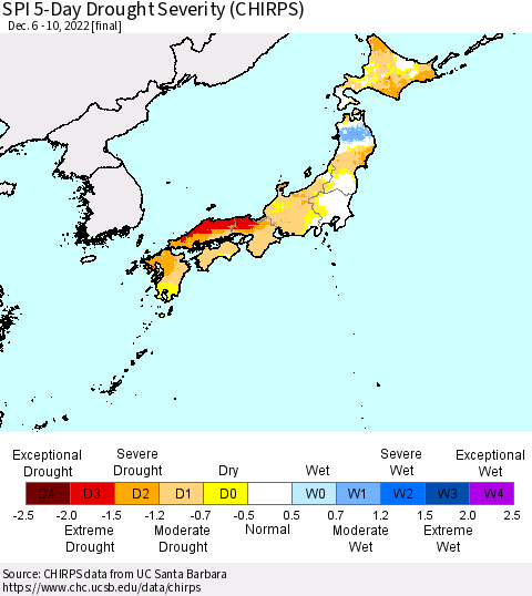 Japan SPI 5-Day Drought Severity (CHIRPS) Thematic Map For 12/6/2022 - 12/10/2022
