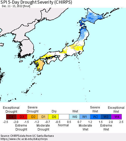 Japan SPI 5-Day Drought Severity (CHIRPS) Thematic Map For 12/11/2022 - 12/15/2022
