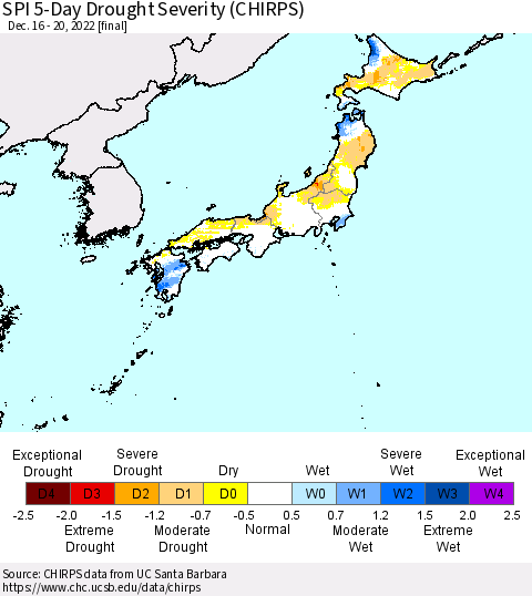 Japan SPI 5-Day Drought Severity (CHIRPS) Thematic Map For 12/16/2022 - 12/20/2022