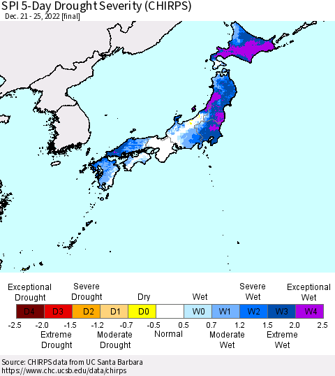 Japan SPI 5-Day Drought Severity (CHIRPS) Thematic Map For 12/21/2022 - 12/25/2022