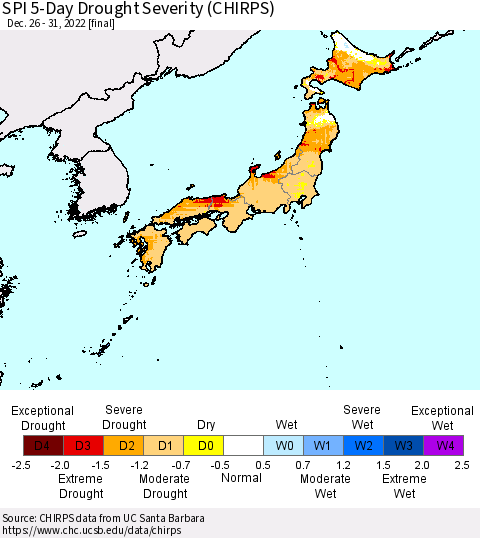 Japan SPI 5-Day Drought Severity (CHIRPS) Thematic Map For 12/26/2022 - 12/31/2022