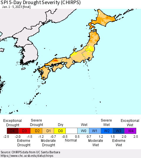 Japan SPI 5-Day Drought Severity (CHIRPS) Thematic Map For 1/1/2023 - 1/5/2023