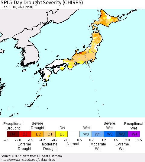 Japan SPI 5-Day Drought Severity (CHIRPS) Thematic Map For 1/6/2023 - 1/10/2023