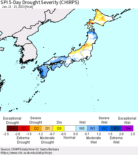 Japan SPI 5-Day Drought Severity (CHIRPS) Thematic Map For 1/11/2023 - 1/15/2023