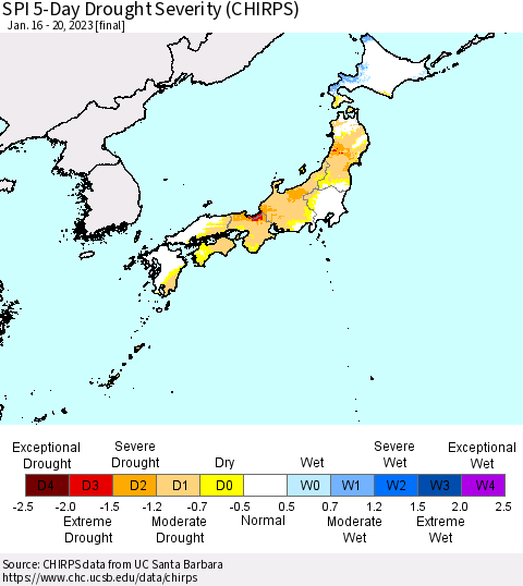 Japan SPI 5-Day Drought Severity (CHIRPS) Thematic Map For 1/16/2023 - 1/20/2023