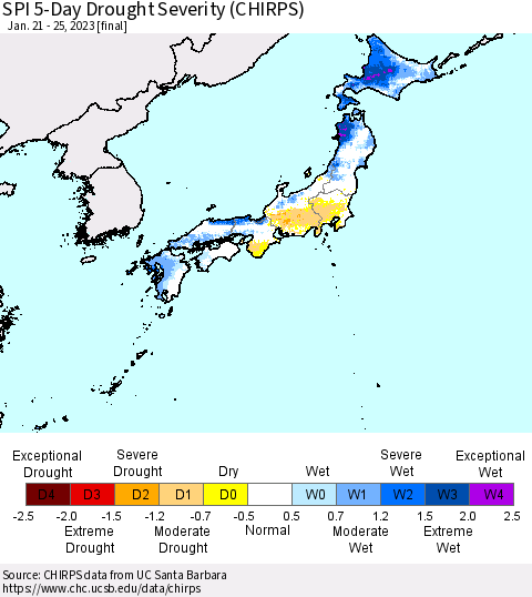 Japan SPI 5-Day Drought Severity (CHIRPS) Thematic Map For 1/21/2023 - 1/25/2023