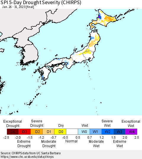 Japan SPI 5-Day Drought Severity (CHIRPS) Thematic Map For 1/26/2023 - 1/31/2023
