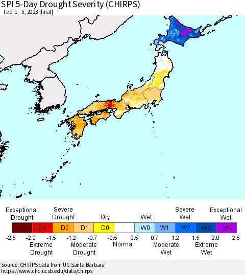 Japan SPI 5-Day Drought Severity (CHIRPS) Thematic Map For 2/1/2023 - 2/5/2023