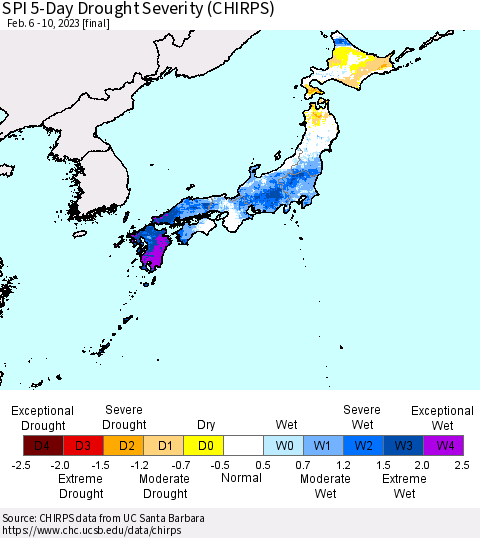 Japan SPI 5-Day Drought Severity (CHIRPS) Thematic Map For 2/6/2023 - 2/10/2023