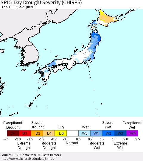 Japan SPI 5-Day Drought Severity (CHIRPS) Thematic Map For 2/11/2023 - 2/15/2023