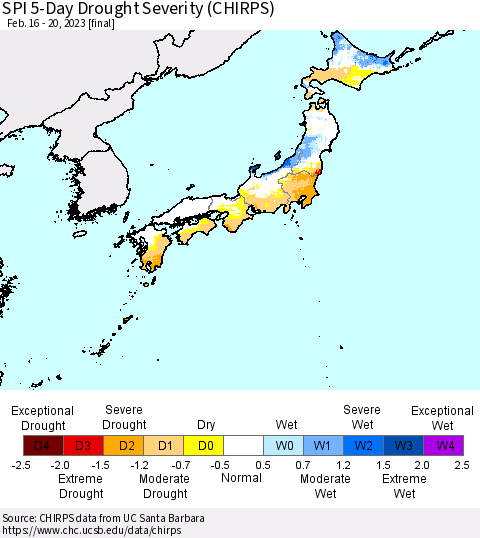 Japan SPI 5-Day Drought Severity (CHIRPS) Thematic Map For 2/16/2023 - 2/20/2023