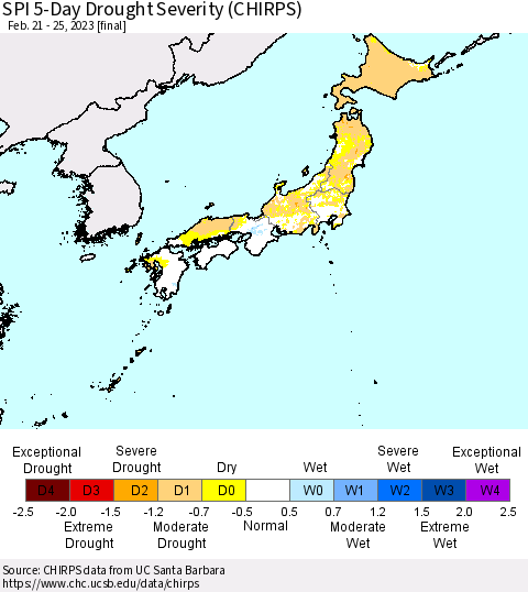 Japan SPI 5-Day Drought Severity (CHIRPS) Thematic Map For 2/21/2023 - 2/25/2023