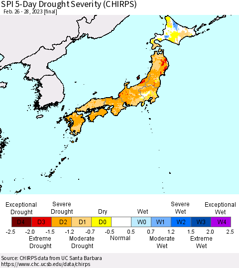 Japan SPI 5-Day Drought Severity (CHIRPS) Thematic Map For 2/26/2023 - 2/28/2023
