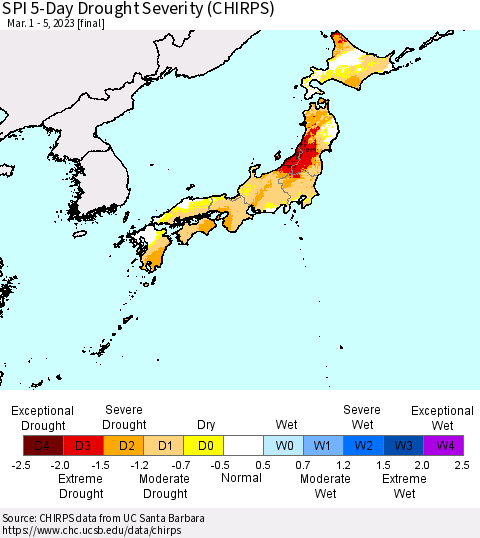 Japan SPI 5-Day Drought Severity (CHIRPS) Thematic Map For 3/1/2023 - 3/5/2023
