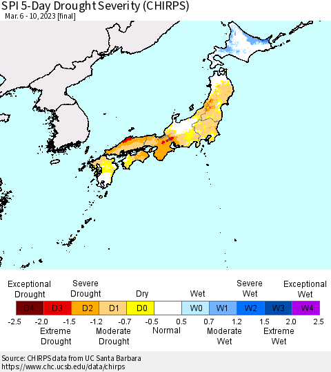Japan SPI 5-Day Drought Severity (CHIRPS) Thematic Map For 3/6/2023 - 3/10/2023