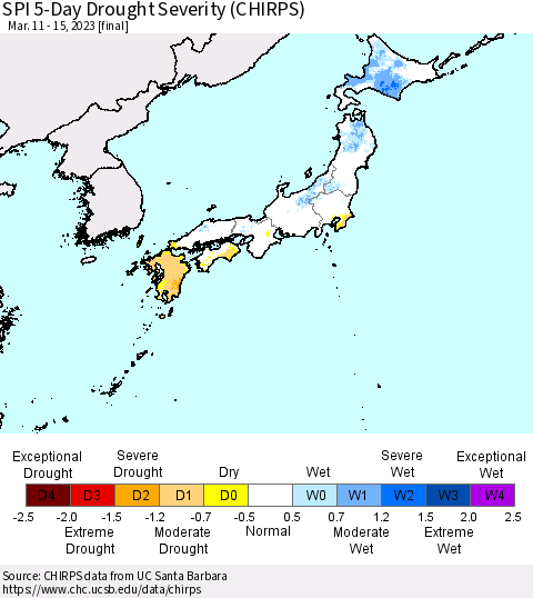 Japan SPI 5-Day Drought Severity (CHIRPS) Thematic Map For 3/11/2023 - 3/15/2023