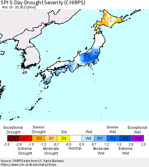 Japan SPI 5-Day Drought Severity (CHIRPS) Thematic Map For 3/16/2023 - 3/20/2023