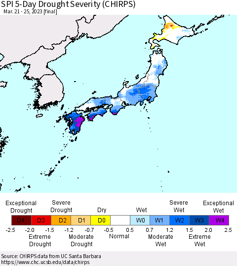 Japan SPI 5-Day Drought Severity (CHIRPS) Thematic Map For 3/21/2023 - 3/25/2023