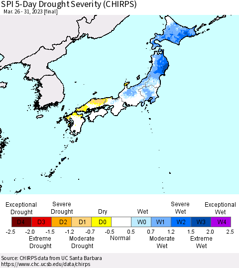 Japan SPI 5-Day Drought Severity (CHIRPS) Thematic Map For 3/26/2023 - 3/31/2023