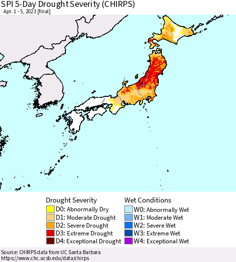 Japan SPI 5-Day Drought Severity (CHIRPS) Thematic Map For 4/1/2023 - 4/5/2023