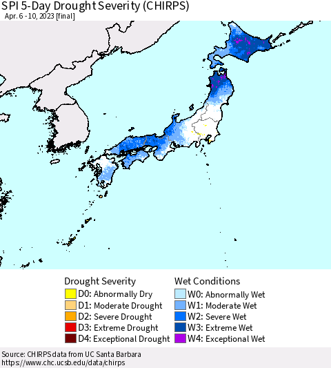 Japan SPI 5-Day Drought Severity (CHIRPS) Thematic Map For 4/6/2023 - 4/10/2023