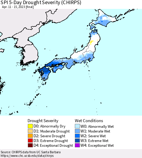 Japan SPI 5-Day Drought Severity (CHIRPS) Thematic Map For 4/11/2023 - 4/15/2023