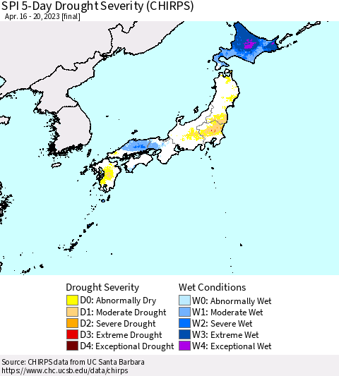 Japan SPI 5-Day Drought Severity (CHIRPS) Thematic Map For 4/16/2023 - 4/20/2023