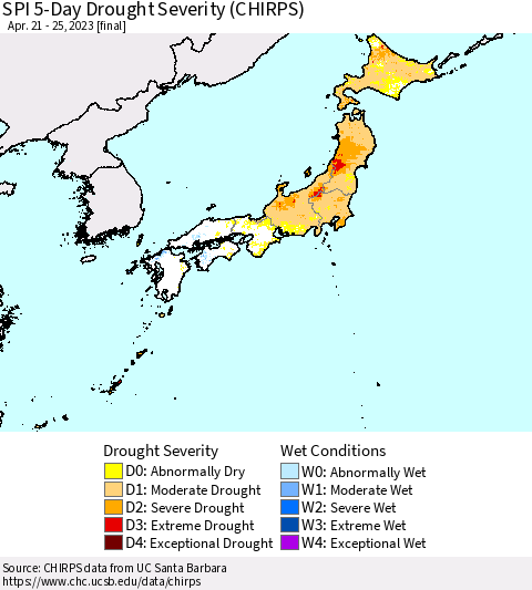 Japan SPI 5-Day Drought Severity (CHIRPS) Thematic Map For 4/21/2023 - 4/25/2023