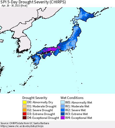 Japan SPI 5-Day Drought Severity (CHIRPS) Thematic Map For 4/26/2023 - 4/30/2023