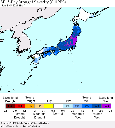 Japan SPI 5-Day Drought Severity (CHIRPS) Thematic Map For 6/1/2023 - 6/5/2023