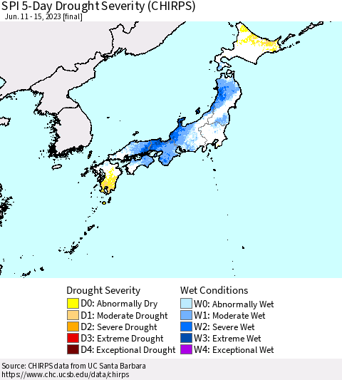 Japan SPI 5-Day Drought Severity (CHIRPS) Thematic Map For 6/11/2023 - 6/15/2023