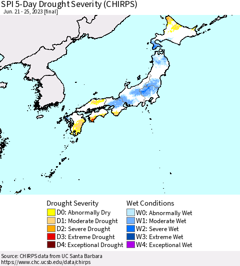 Japan SPI 5-Day Drought Severity (CHIRPS) Thematic Map For 6/21/2023 - 6/25/2023
