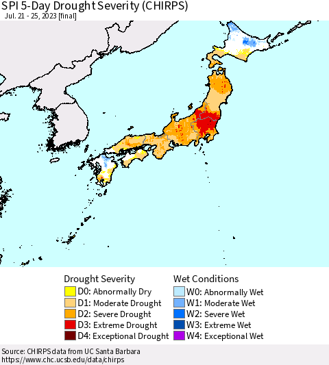 Japan SPI 5-Day Drought Severity (CHIRPS) Thematic Map For 7/21/2023 - 7/25/2023