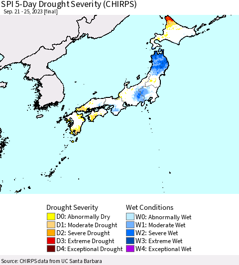 Japan SPI 5-Day Drought Severity (CHIRPS) Thematic Map For 9/21/2023 - 9/25/2023