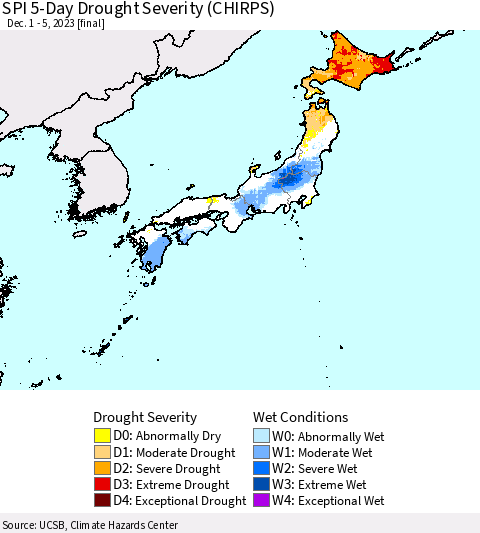 Japan SPI 5-Day Drought Severity (CHIRPS) Thematic Map For 12/1/2023 - 12/5/2023