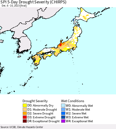 Japan SPI 5-Day Drought Severity (CHIRPS) Thematic Map For 12/6/2023 - 12/10/2023
