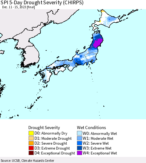 Japan SPI 5-Day Drought Severity (CHIRPS) Thematic Map For 12/11/2023 - 12/15/2023